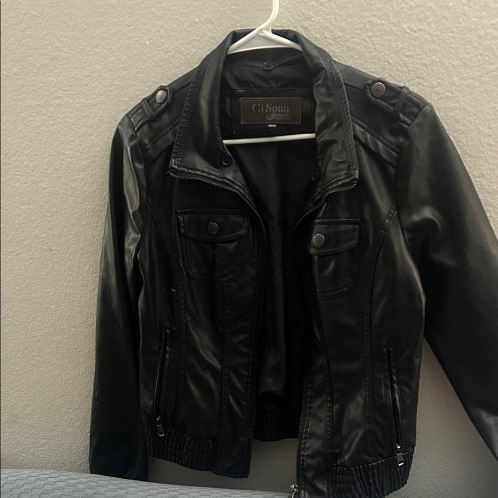 Ci Sono Black Faux Leather Jacket with Pocket Details